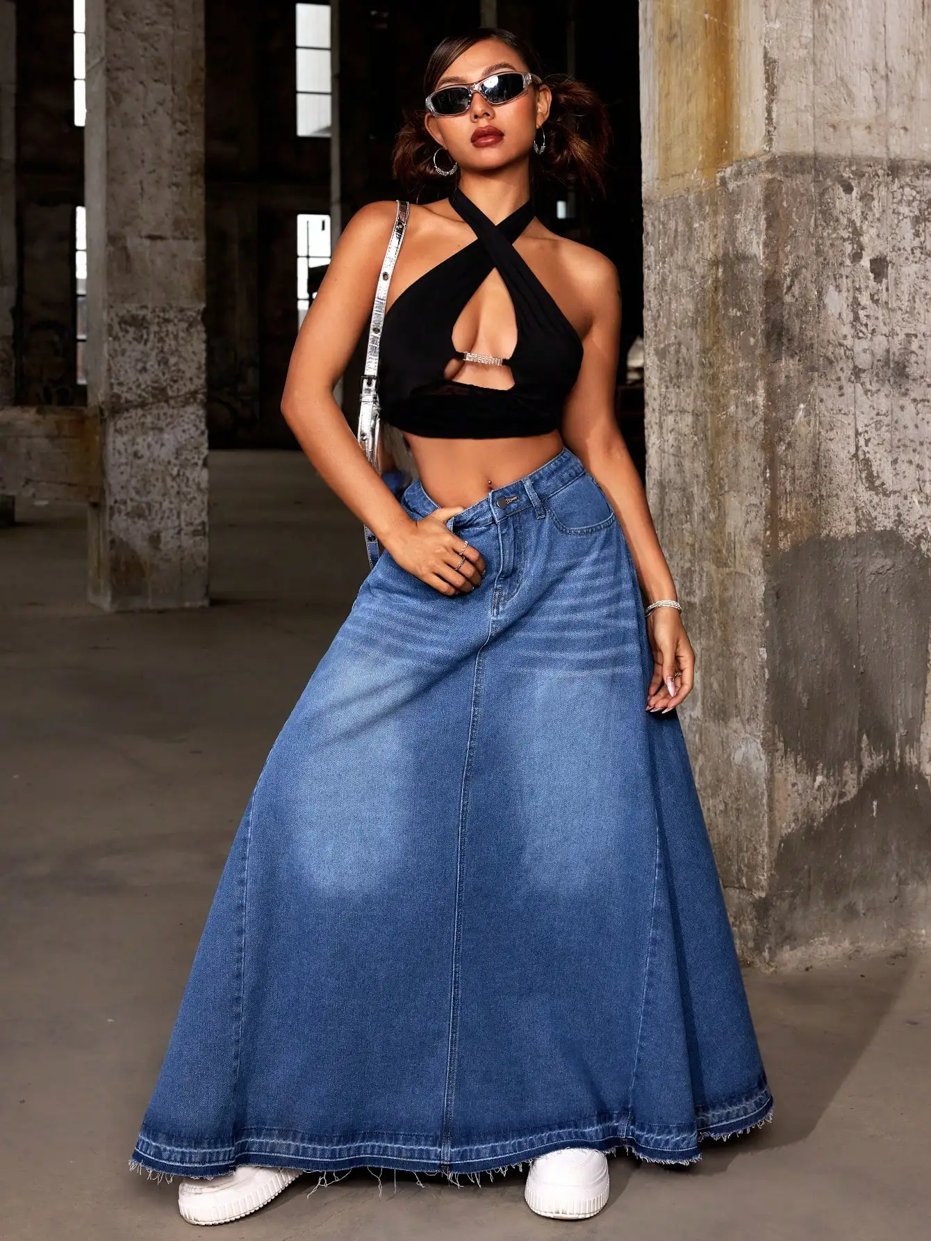 レディース ルーズフィット ロングデニムスカート ポケット付き フレイドヘム