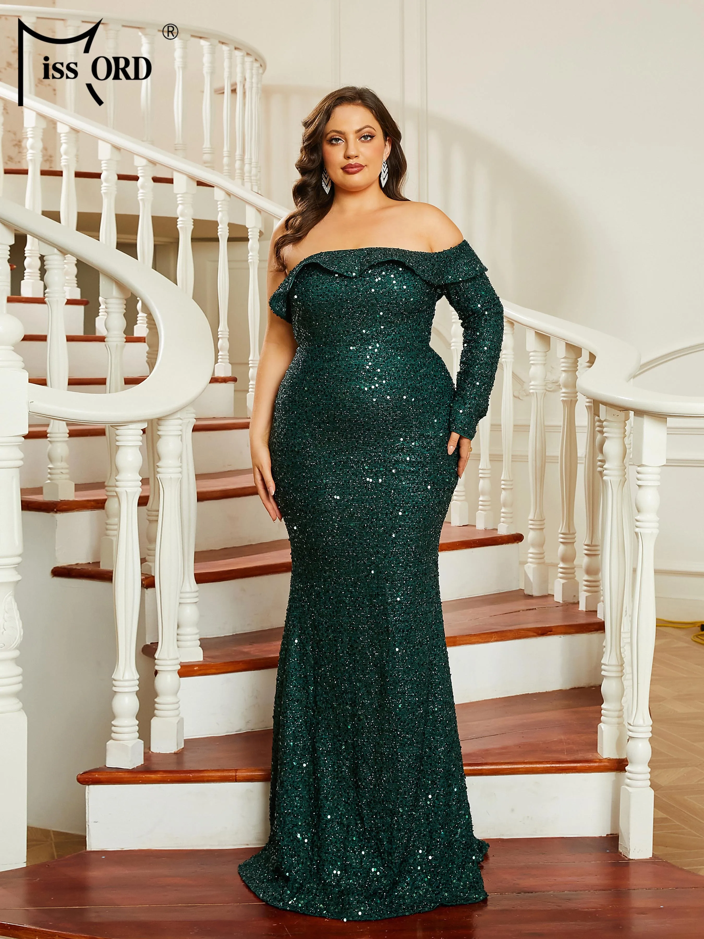 Missord New Plus Size Off Shoulder Sequin Green Mermaid Formal Occasion Floor Length Dresses