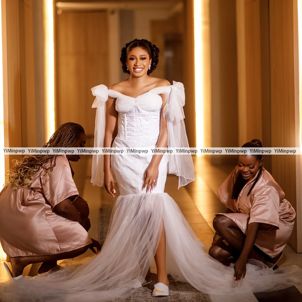 Mermaid Boho Bride Robe Nightgown Bridal Gowns Off Shoulder Sweetheart Tulle Elegant Wedding Robes For African Bridal Customized