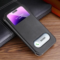 Genuine Leather View Window Case for iPhone 16 15 14 Pro Max 16 Plus 13 12 11 XR XS 7 Plus Case Flip Wallet Luxury Free Answer