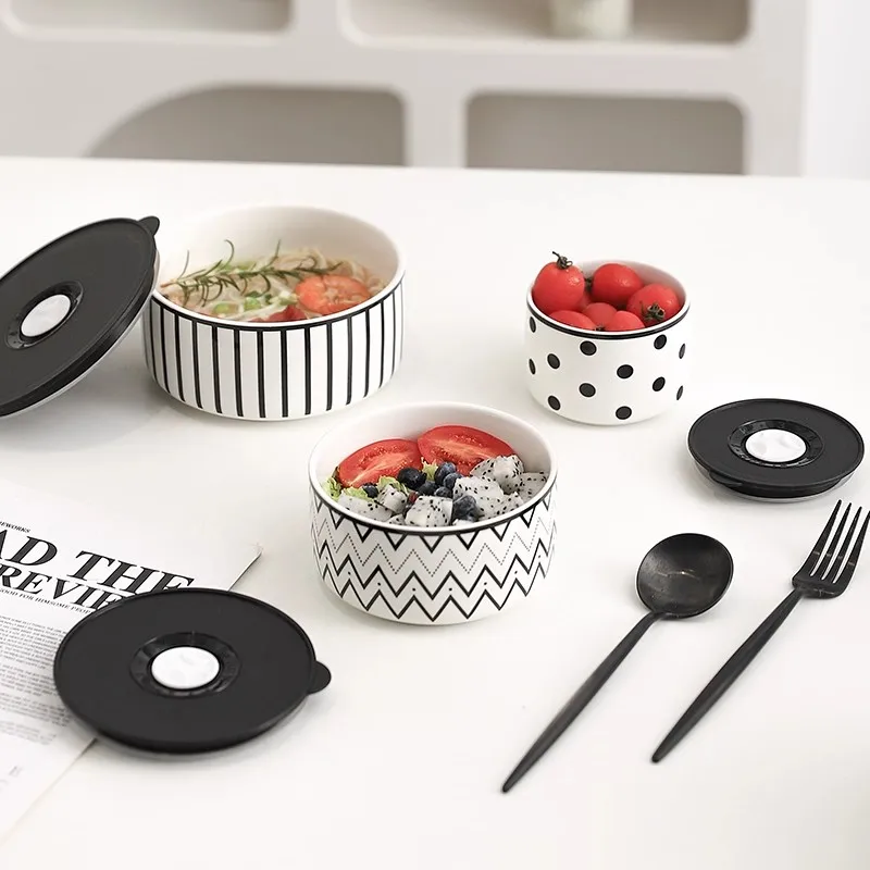 Household Geometric Striped Ceramic Bowl, Ramen Bowl, Microwave Heating Special Lunch Box, Covered Fresh-keeping Bowl, Tableware