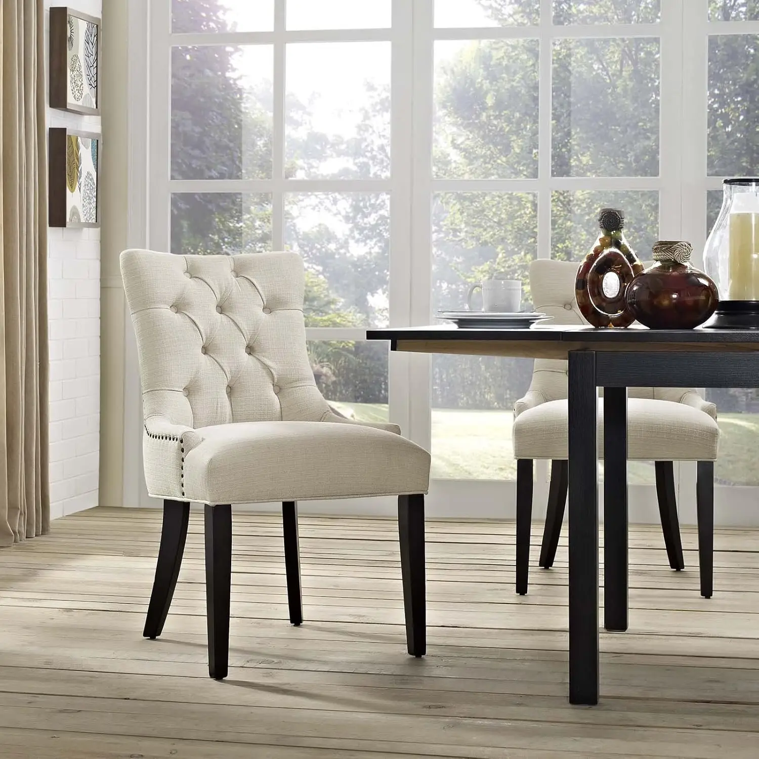 Regent Modern Elegant Button-Tufted Upholstered Fabric With Nailhead Trim, Dining Side Chair, Beige