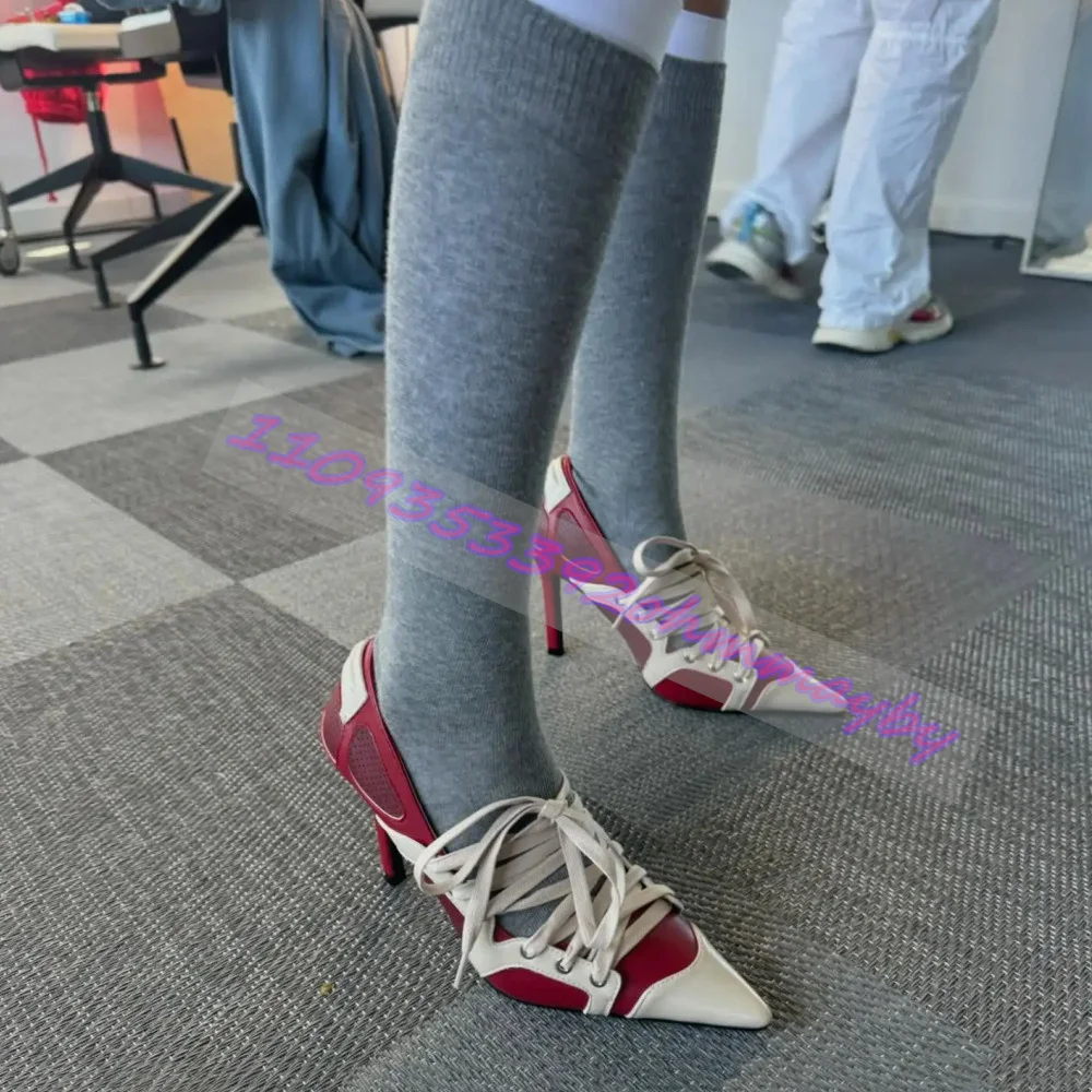 

Summer Mixed-Color Cross-Strapped Pumps Ladies Pointed Toe Stiletto Heels Low-Cut Sport Women'S Shoes Luxury T-Stage Show Pumps