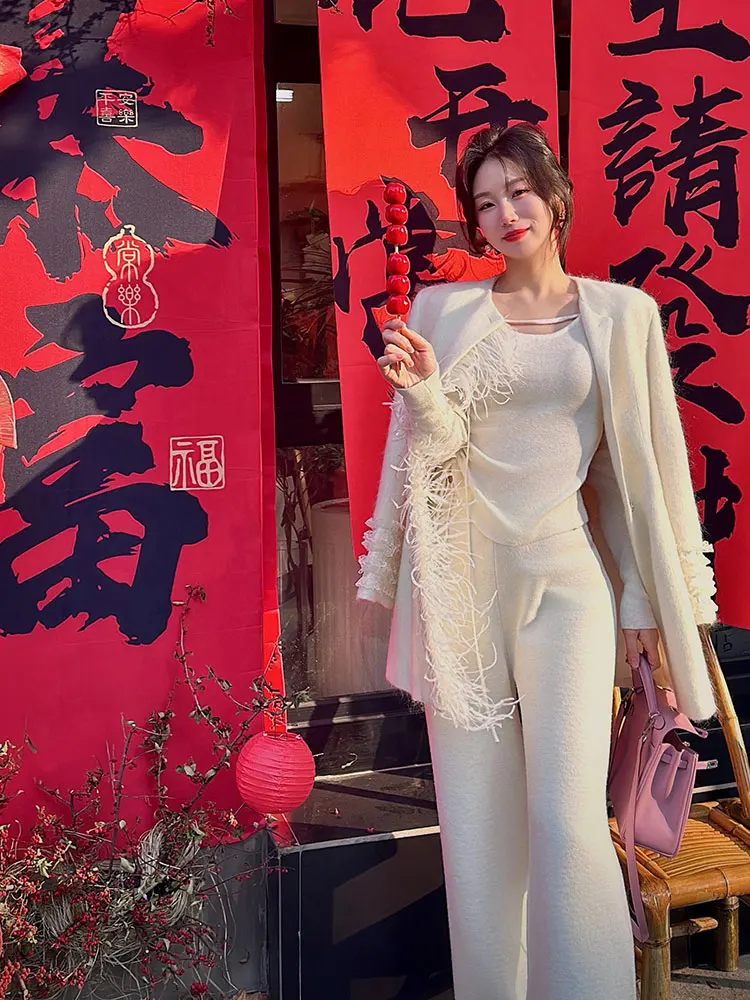 

Yang Xiao Jing High-End Design Water Wave Wool Camere Women's Autumn Winter Fringed Coat Korean Sle Slim Fit round Ne