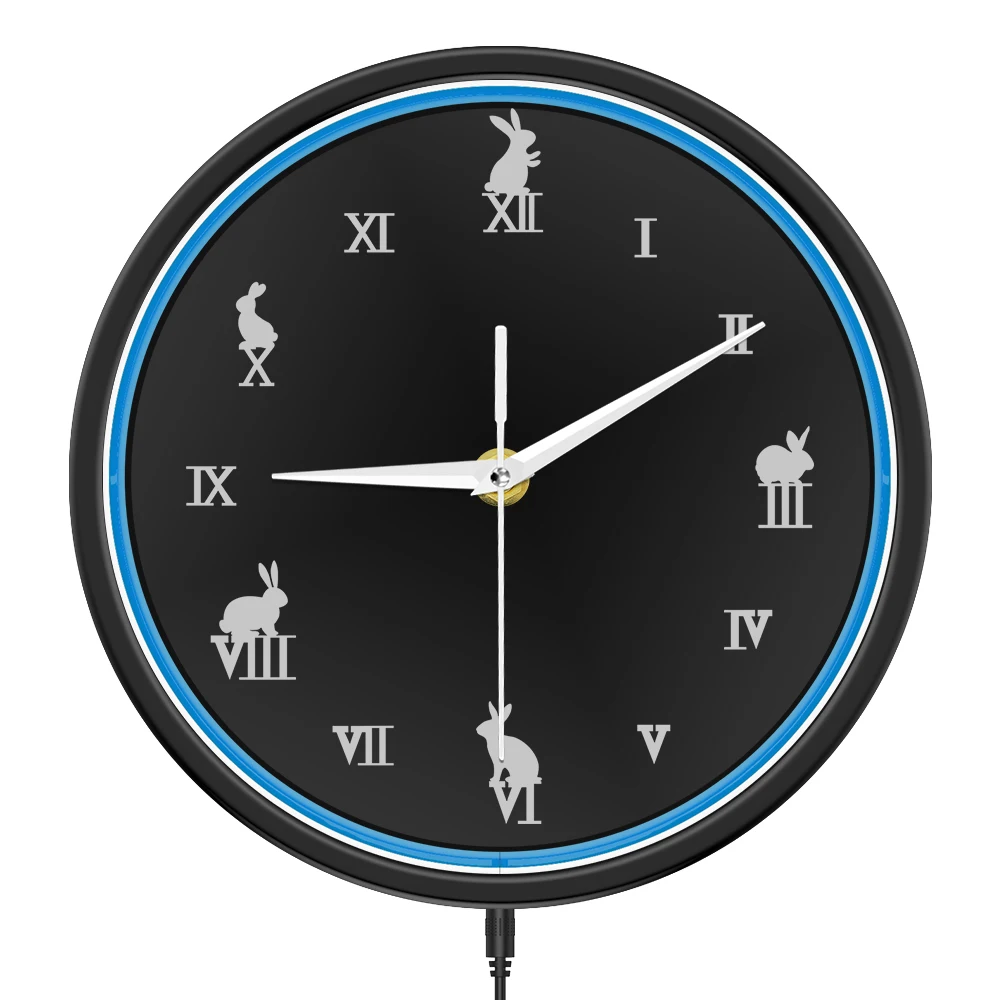 

Rabbit with Roman Numerals LED Lighting Wall Clock Bunny Animals Home Children Kid Room Decor Metal Framed Neon Glow Wall Clock