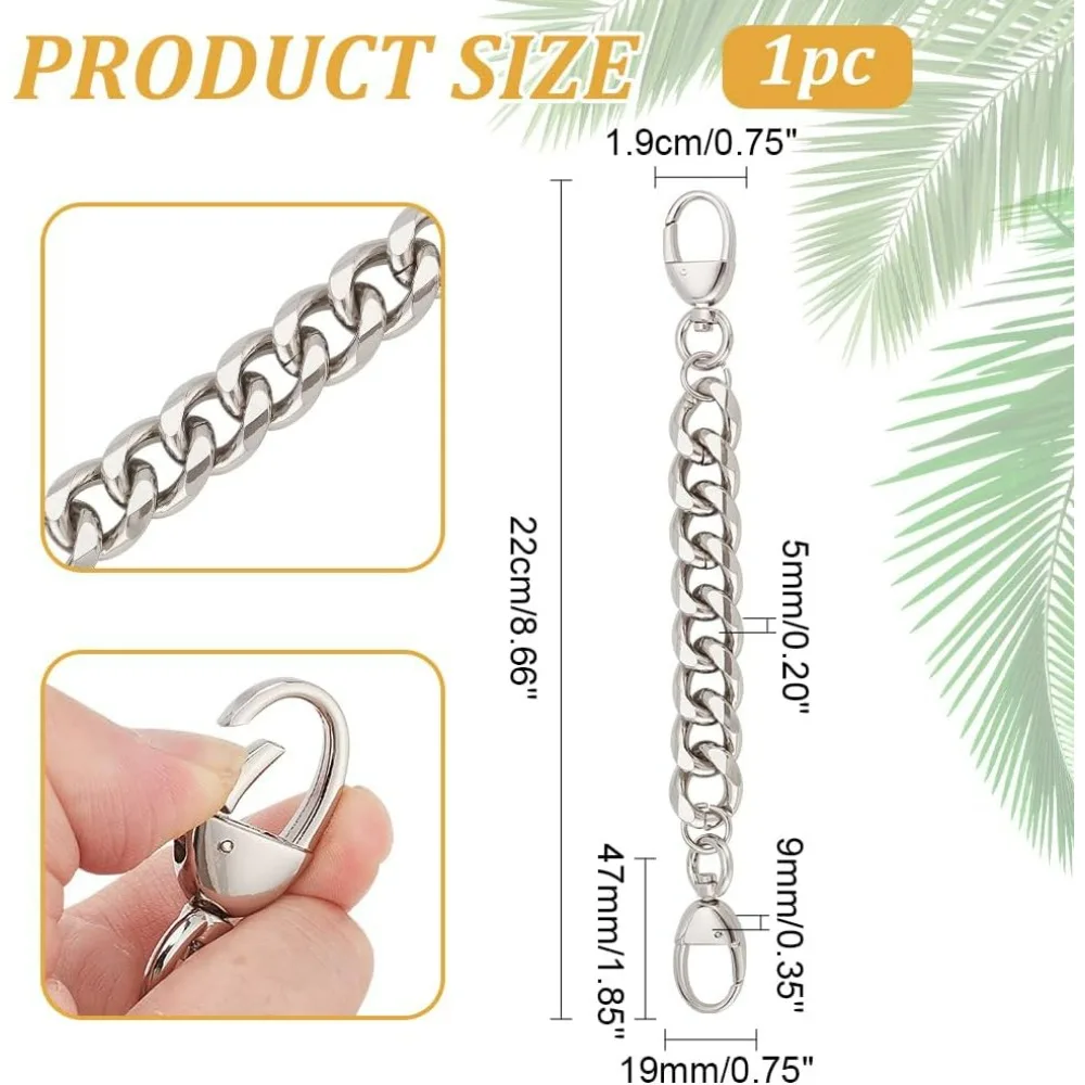 Purse Extender Chain 0.7 Inch Wide Flat Bag Chain Aluminum Alloy Bag Handles Short Bag Chain Purse Strap Platinum