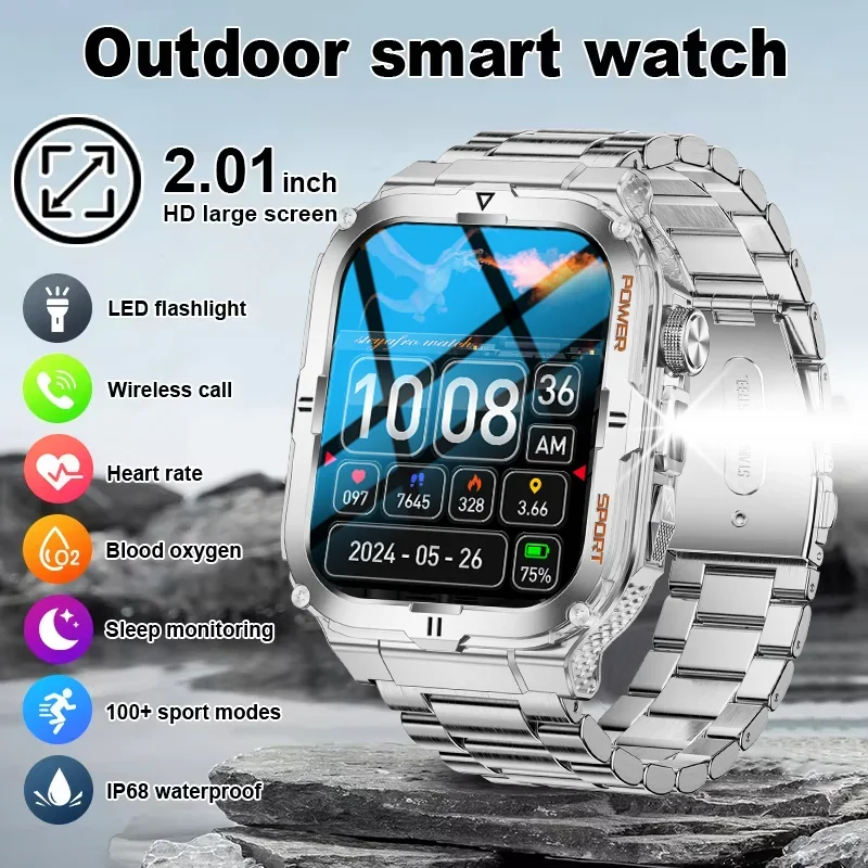 

Men's Smartwatch - New 430 Mah Battery, 1.96" Display, Bluetooth Call, LED Flashlight, IP68 Waterproof for Android