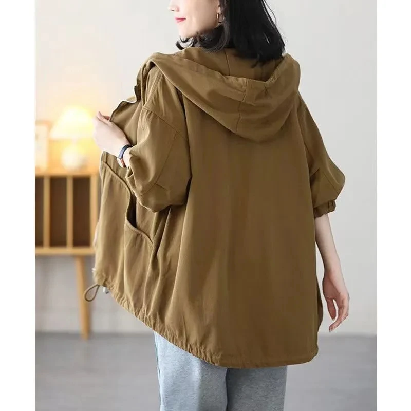 Large Size Women Hooded Trench Coat 2024 New Spring Autumn Women\'s Casual Windbreaker Korean Loose Female Lined Outerwear 4XL