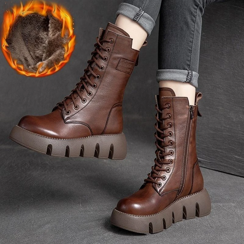 Zimowe skórzane buty damskie Okrągłe palce Średni obcas Botki do kostki dla kobiet Sznurowane ciepłe buty śniegowe Retro Lady Platforma Bikerboots Women