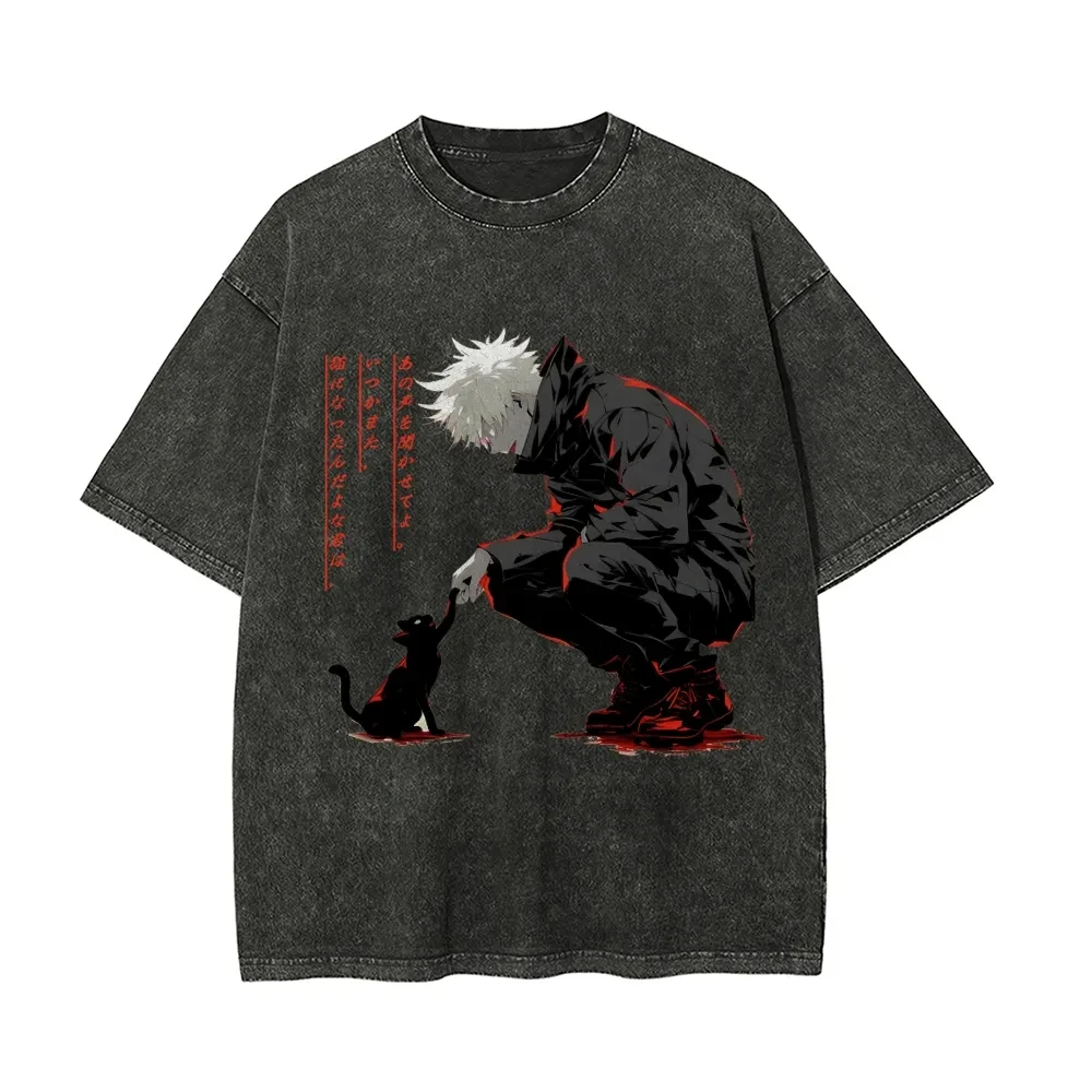 

Футболка Satoru Gojo Jujutsu Kaisen мужская, с эффектом кислотной стирки, с принтом черной кошки, аниме-графика, хлопок, уличный стиль, винтажная, с изображением Беловолосого, бутлег-футболка