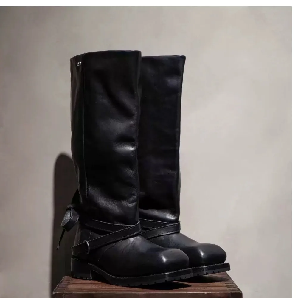 

Fashion Men's Genuine Leather British Long Motorcycle Boots Square Toe Knee High Riding Boots Winter Chelsae Boots Cross-tied