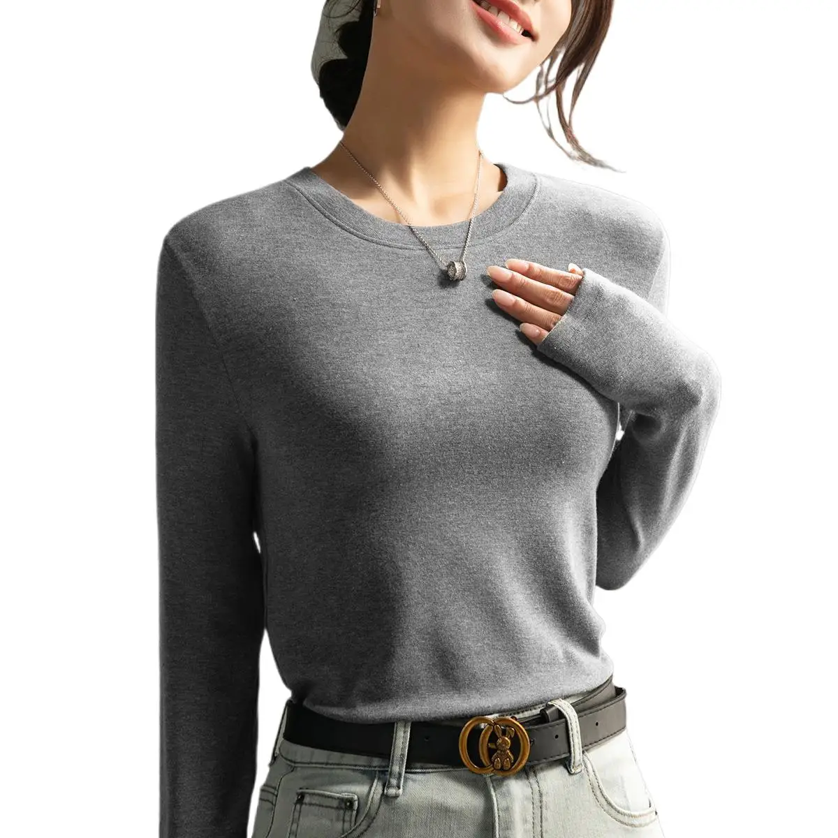 Boweylun مشروط القطن بلون جولة الرقبة قاع قميص الإناث الربيع والخريف جديد طويل الأكمام قمم تي شيرت المرأة