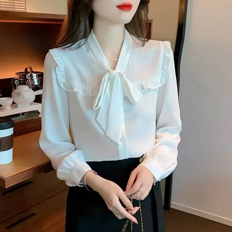 French Chiffon Shirt Women's New White Bow High-end Chic Beautiful Western-style Small Shirt