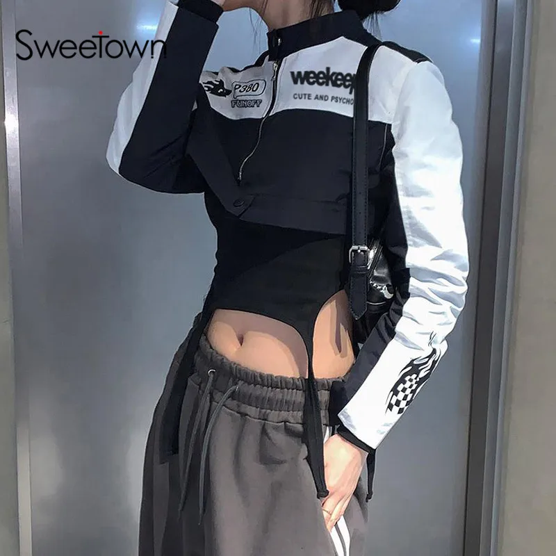 

Sweetown Korean Street Style Zip Up Contrast Patchwork Bomber Crop Jackets Women's Letter Print Long Sleeve New In Outwears