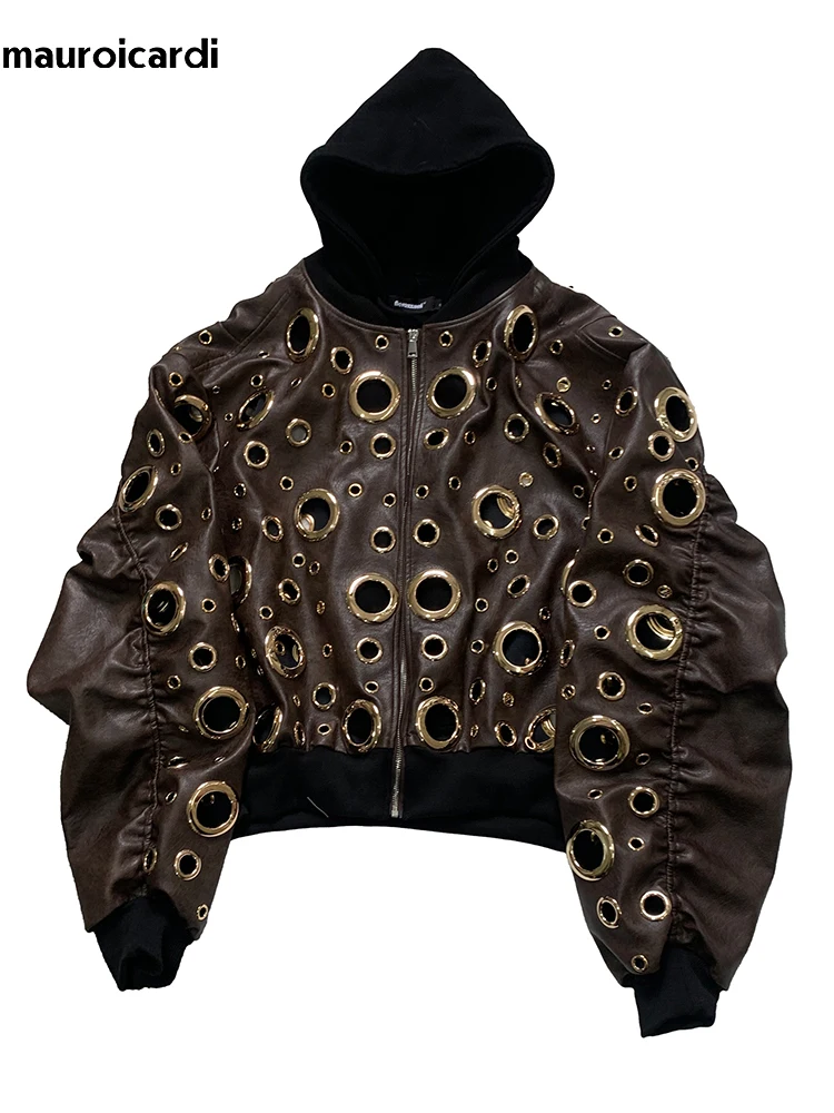 Autumn Oversized  Hollow Out Pu Leather Jacket Men Hole Cool Luxury Designer Fake 2 Pieces European Fashion Clothes Hoodie 2025