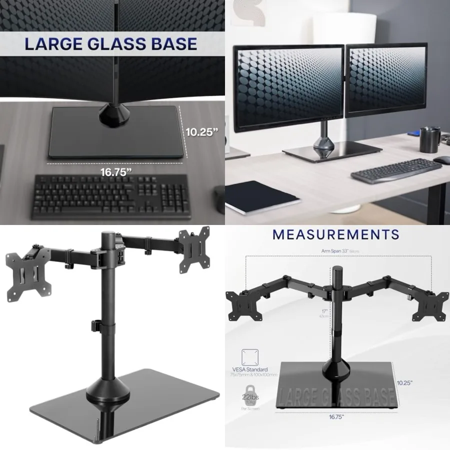 Freestanding Dual Monitor Stand with Sleek Glass Base and Adjustable Arms, Mounts 2 Screens up to 32 inch and 22 lbs Each, Black