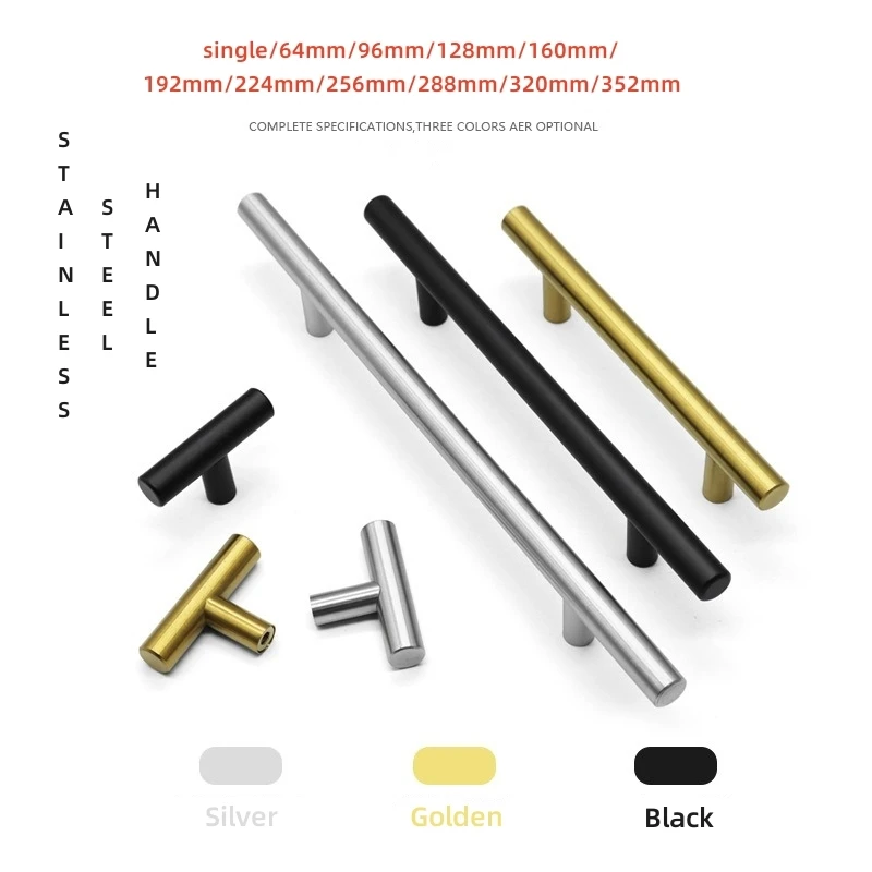 T-shaped Long Handle Stainless Steel Gold Black Silver Kitchen Handle Cabinet Drawer Knob Handles for Furniture Muebles Cupboard