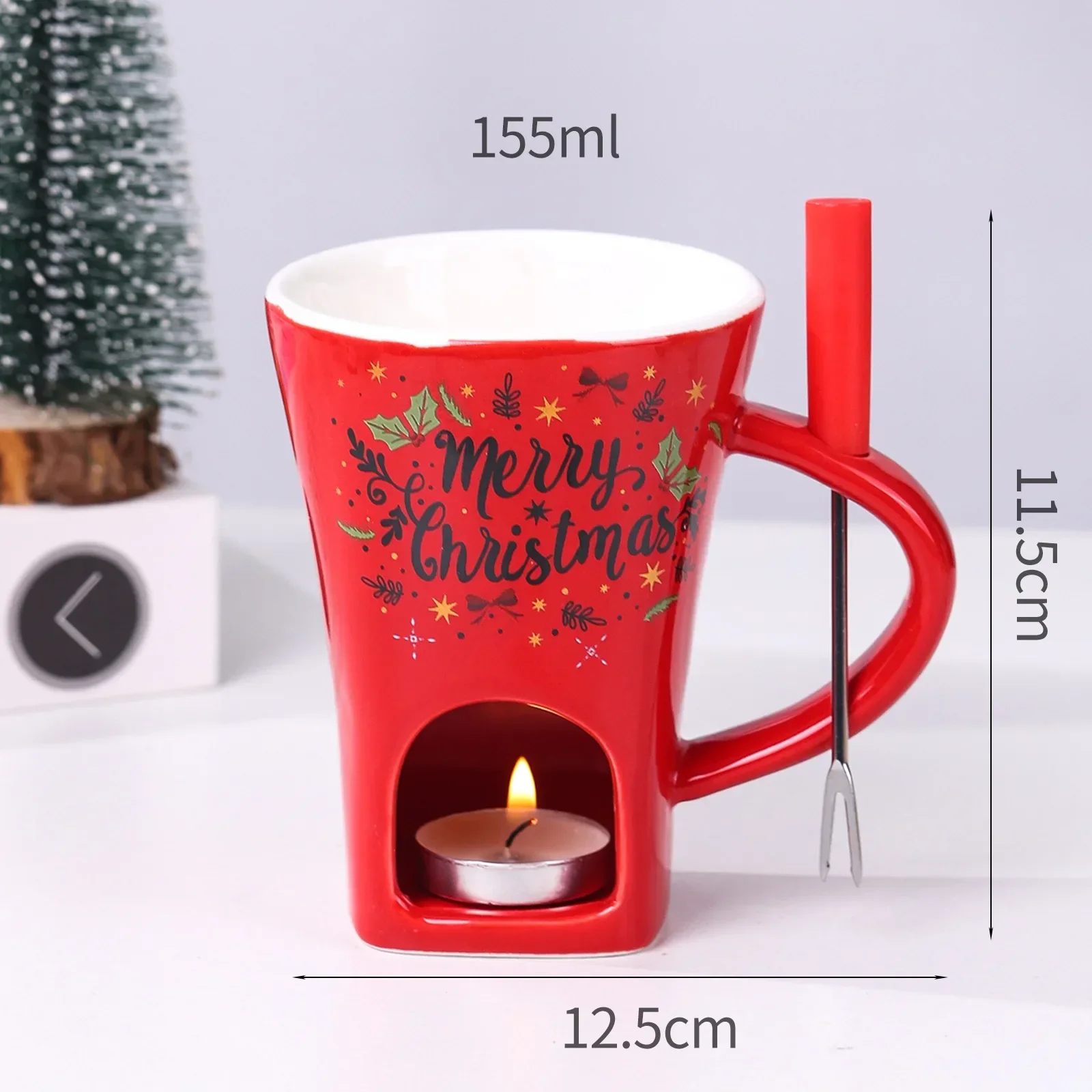 150ML Weihnachts-Keramikbecher Schokoladen-Schmelzofen mit Gabel, Heizender Käse-Hotpot-Becher, Weihnachtsgeschenk für Paare – Detail 4