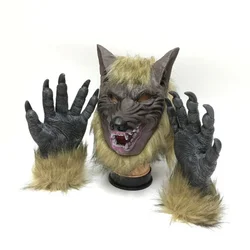 Werewolf Costume  Party Mask  Wolf Gloves Cosplay Halloween Latex Rubber Wolf Head Hair Mask Werewolf Glove  Party Scary Decor