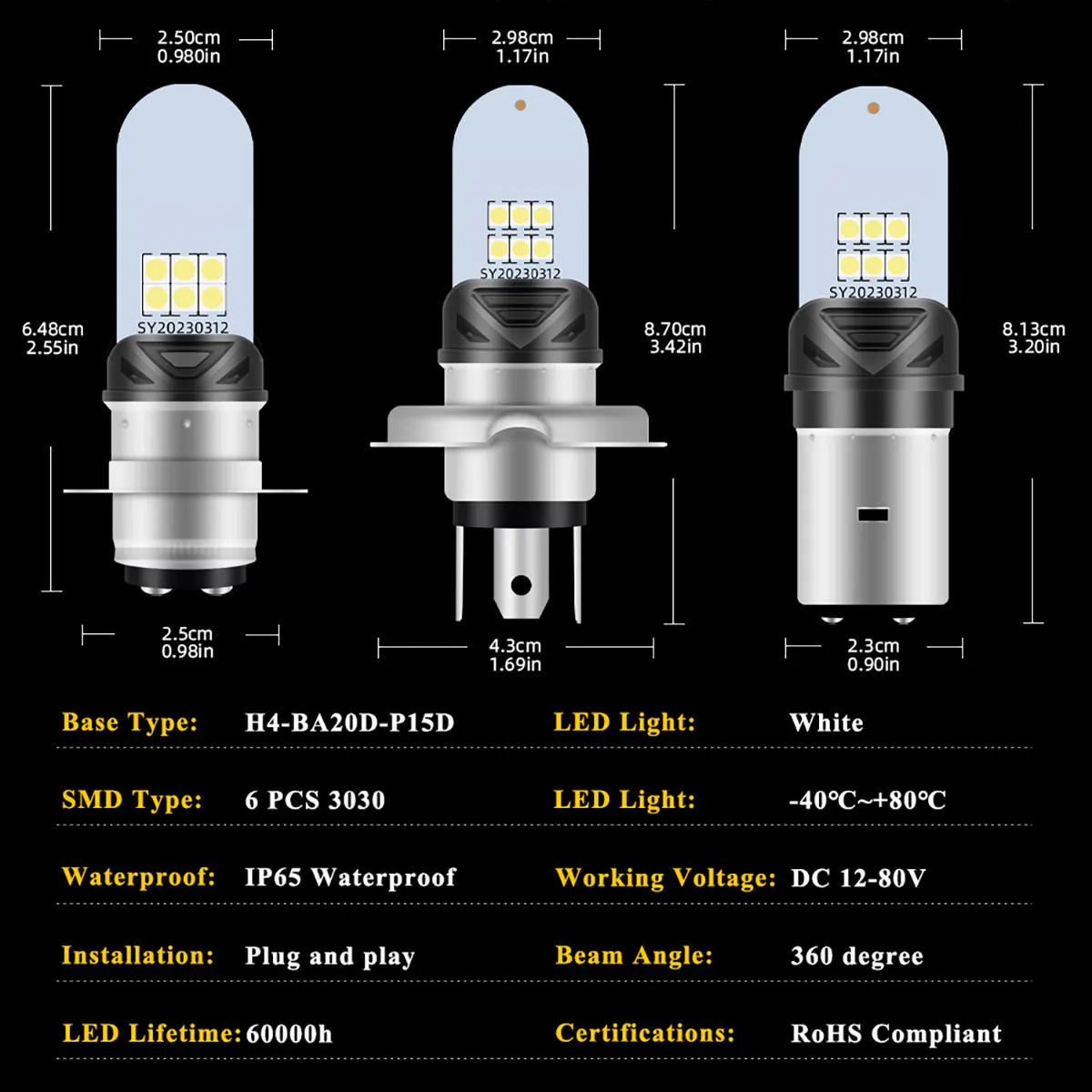 1PCS Motorcycle H4 Headlight P15D H6 BA20D Led Fog Lights High Low Hi Lo beam Beam Moto Accessories 6000K White