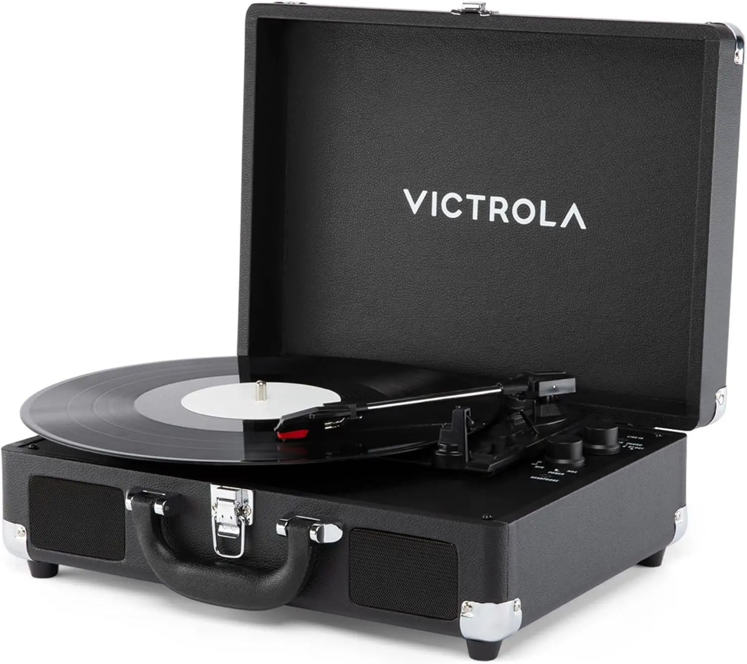 

Portable Bluetooth Suitcase Record Player with Enhanced Bass, 3-Speed Turntable, and Versatile Connectivity in Black