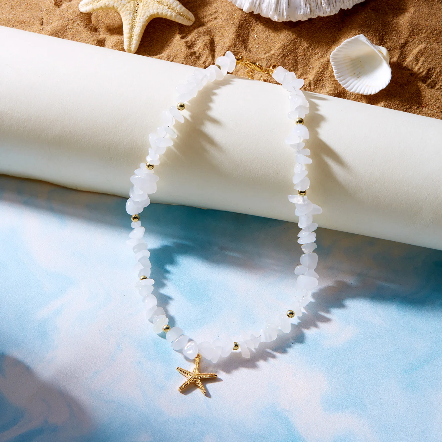 Unregelmäßige bunte Naturstein-Perlen-Halskette für Frauen, handgefertigt, böhmischer Seestern, Schlüsselbeinkette, Strandparty, Charm-Schmuck – Detail 6