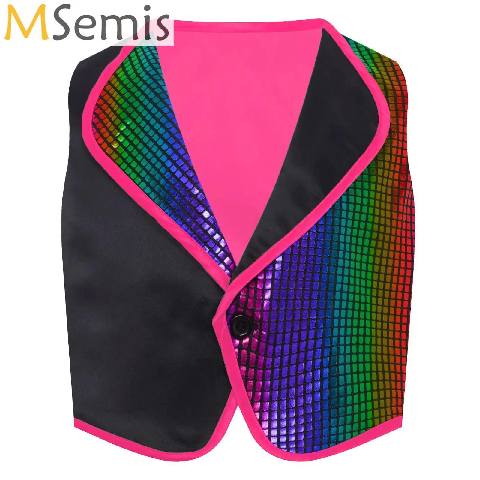 

Boys Girl Sequin Metallic Plaid Vest Sleeveless Button Jacket Tops Hip-hop Latin Dance Stage Performance Costume Child Waistcoat