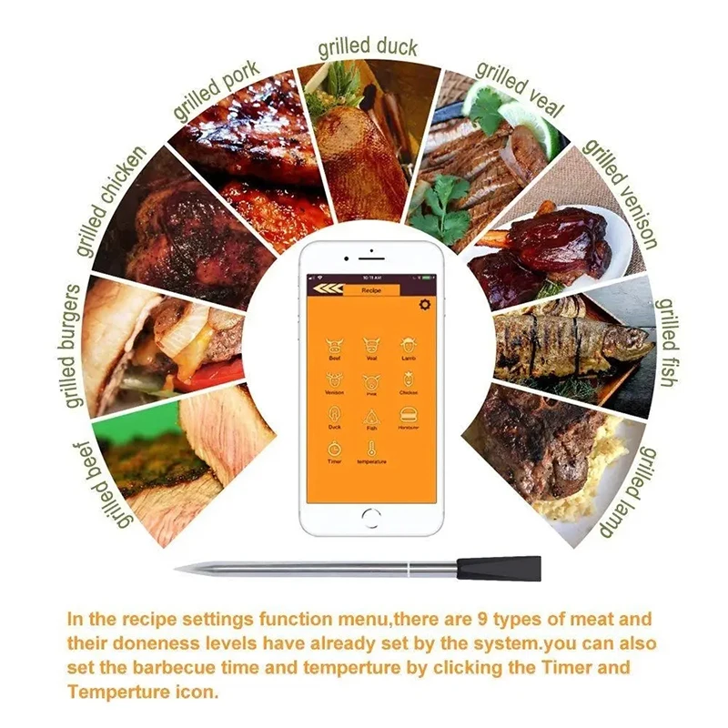 Wireless Meat Food Thermometer for Oven Grill BBQ Smoker Kitchen Smart Digital Bluetooth Barbecue Thermometer Temperature Gauge