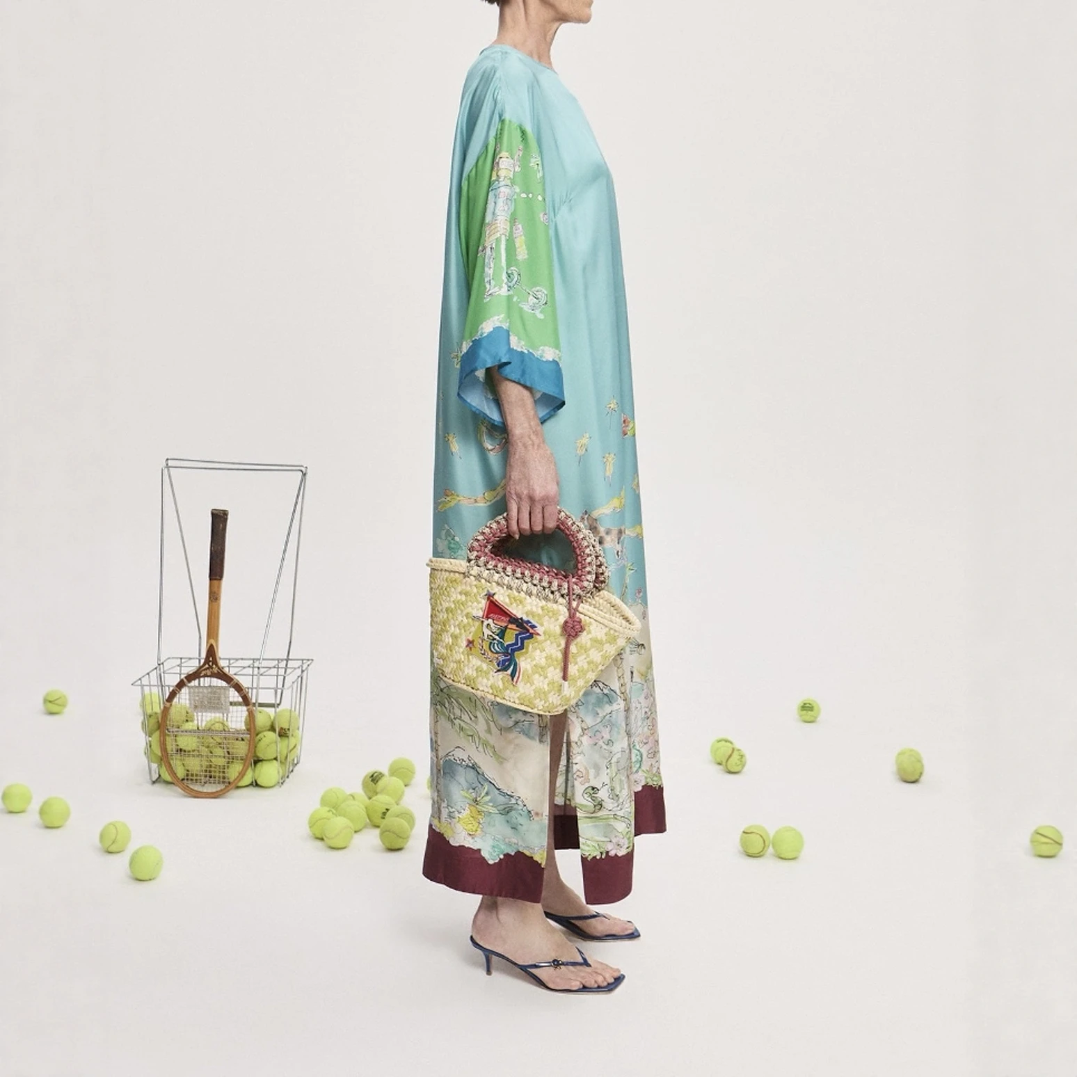 여름 신상 슬레 앰버 블루 실크 새틴 롱 프린트 드레스 여성용 루즈 매듭 캐주얼 올매치 여름 드레스