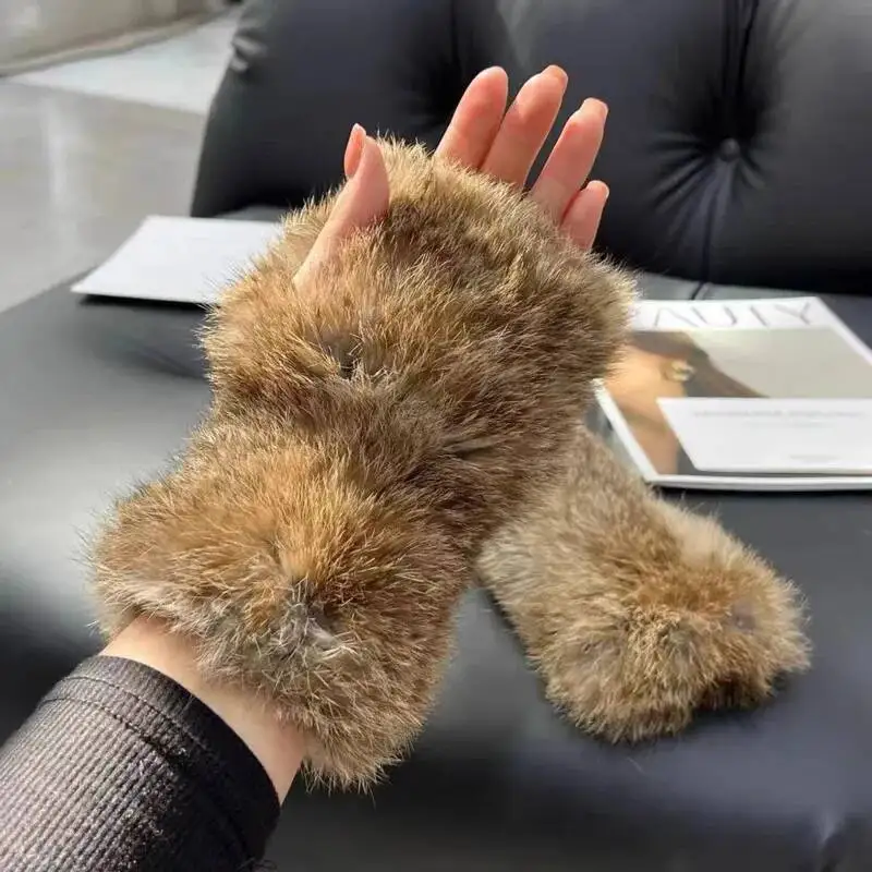 Winter Rabbit Fur Gloves Cute Fluffy Thickened Fur Gloves Warm Fingerless Fur Wrist Protection Elastic Half-Finger Gloves Women
