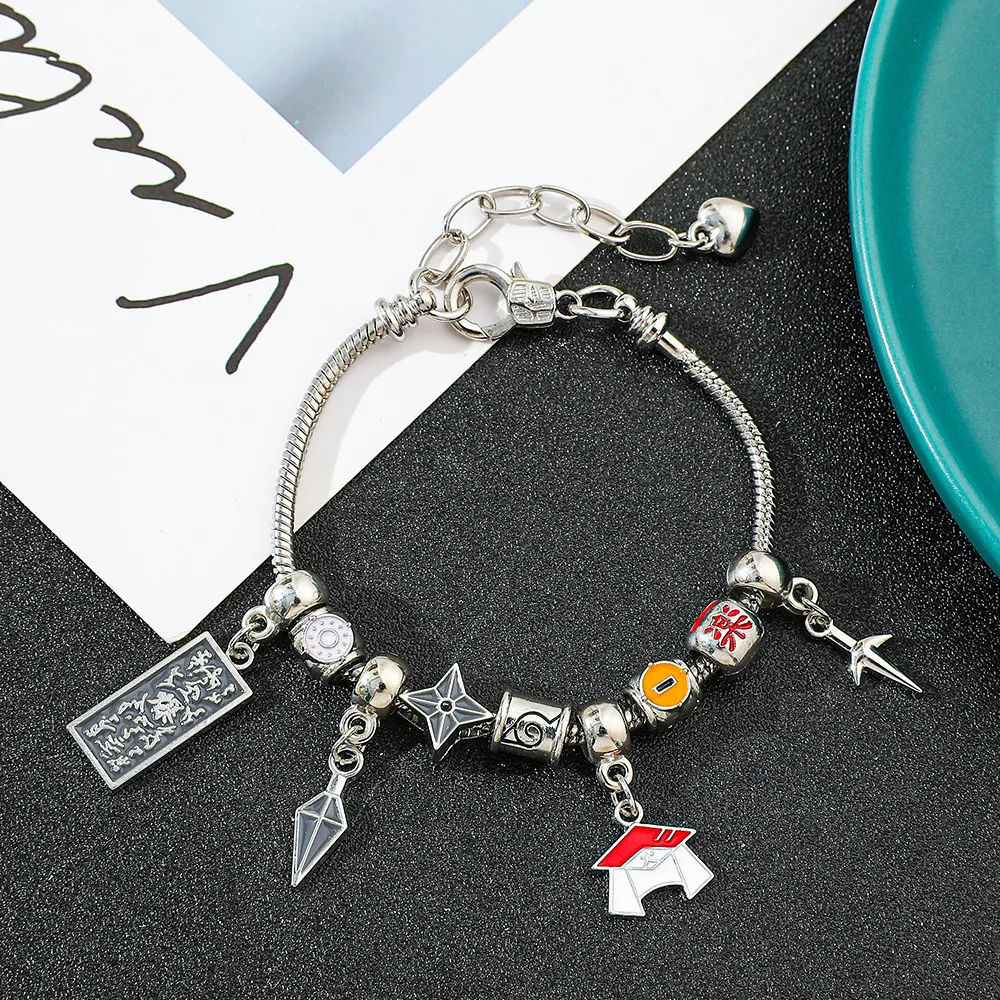 1pc Anime Naruto Hiruzen Sarutobi Hat Shuriken Ninja Beaded Alloy Bracelet view 6
