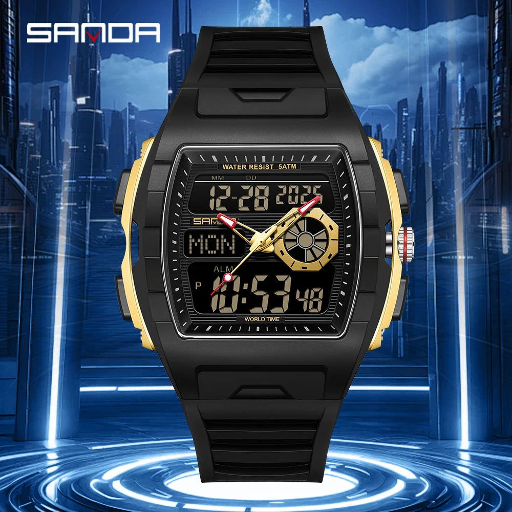 SANDA New Dual Display Watch for Men Sport 5Bar Waterproof LED Luminous Alarm Clock Countdown Multifunction Men Quartz Watch ﻿