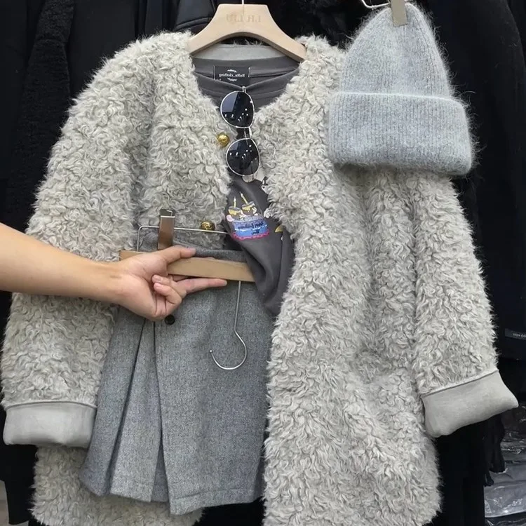 Женские пальто из искусственного меха Короткие куртки Пальто с круглым вырезом Толстая теплая уличная куртка Y2k Элегантная рабочая повседневная облегающая осень-зима