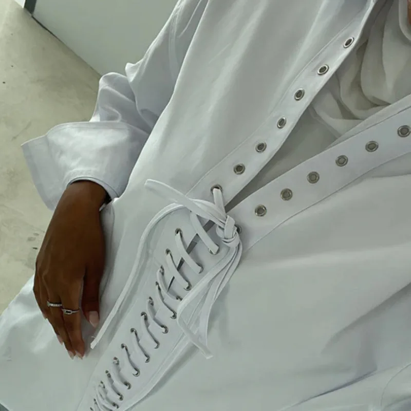 EAEOVNI Blusa de cor sólida para mulheres design de bandagem moda manga comprida camisa solta versátil 2025 novas roupas