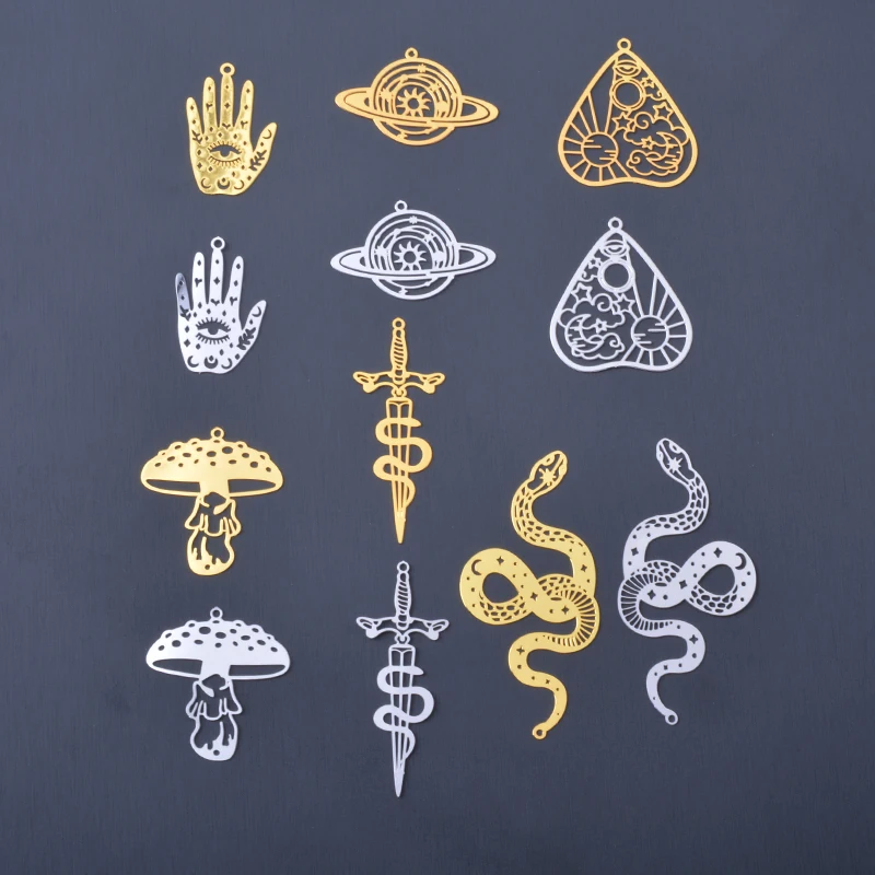 10pcs  Brass Filigree  hollow out Golden Sword Snake Heart mushroom Charms Stainless steel  Jewelry Pendant