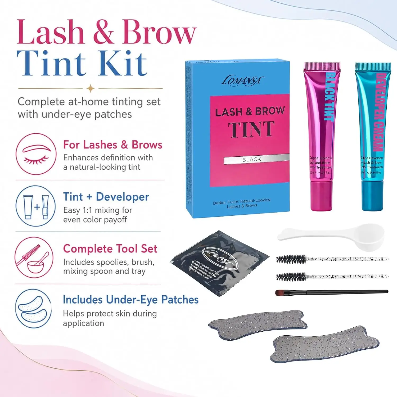 LOMANSA Black Lash Tint Kit For Darker Fuller-Looking Lashes and Brows 10ml Color Cream With Eye Pad Brushes and Mixing Tools