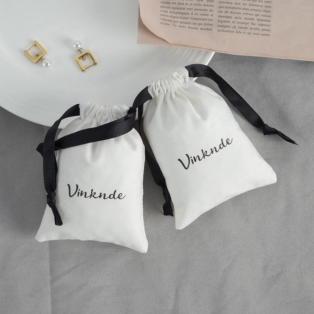 Custom Logo Cotton Jewelry Bag Luxury Eco Friendly Denim Cotton Drawstring Jewelry Small Gift Pouches Wedding Favors For Guests