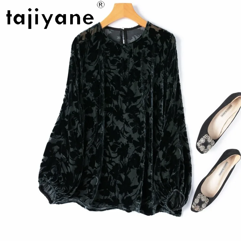 TAJIYANE Real Silk Burnout Velvet Women T Shirts Floral Shirt Elegant Tops for Woman Clothing Loose Semi-Sheer Tshirt Autumn 티셔츠