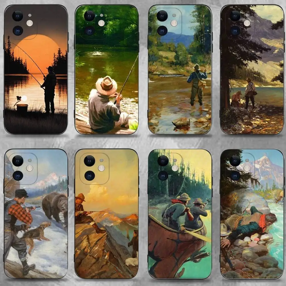 

Hunting Fishing Man Phone Case For iPhone 17,16,15,14,13,12,11 Plus,Pro Max,XS,X,XR,SE,Mini,8,7,Soft Silicone Black Cover