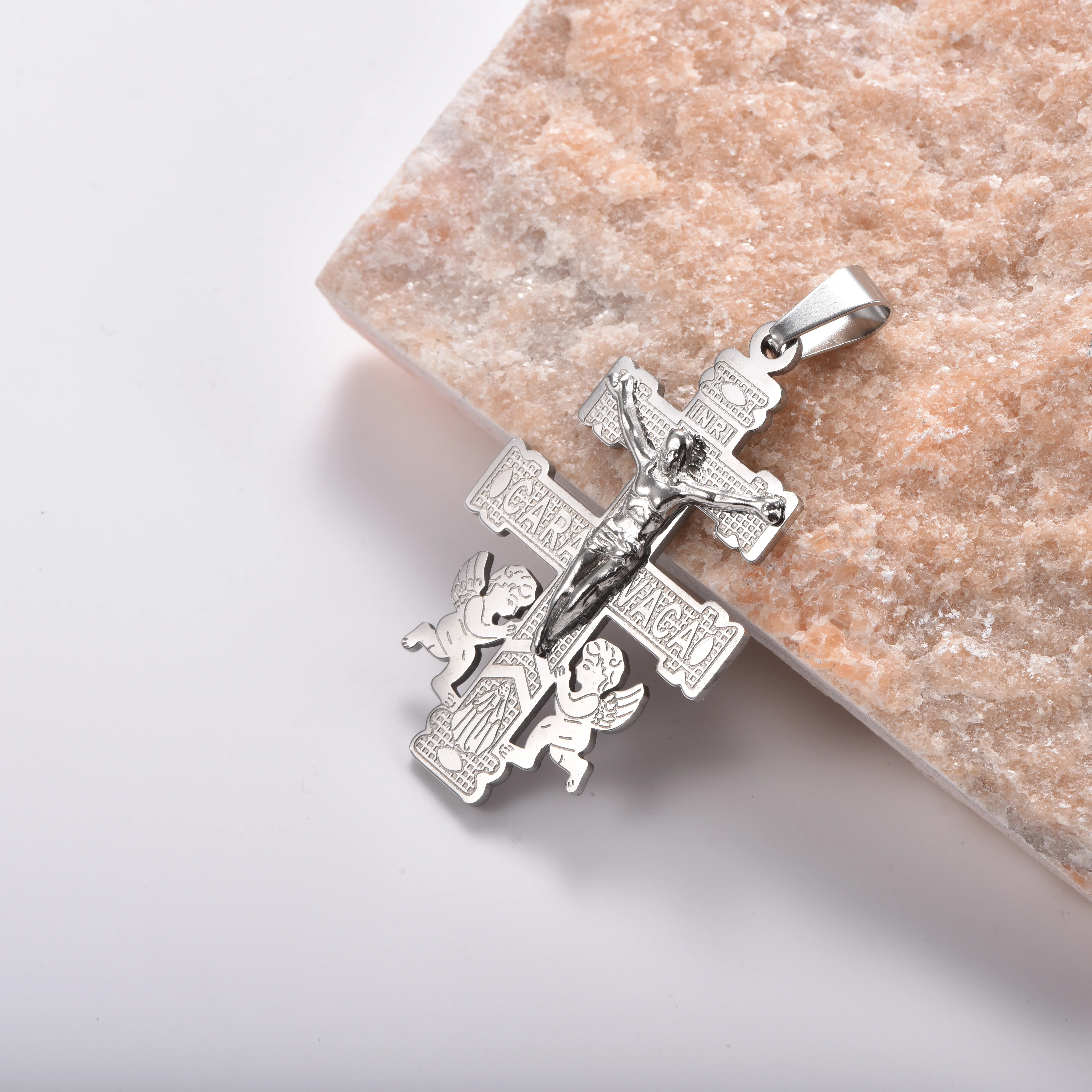 Christlich-orthodoxe Kreuzkette, vergoldeter/versilberter Edelstahl, Jesus-Kruzifix-Anhänger, Vintage religiöser Glaubensschmuck, Geschenk – Detail 1