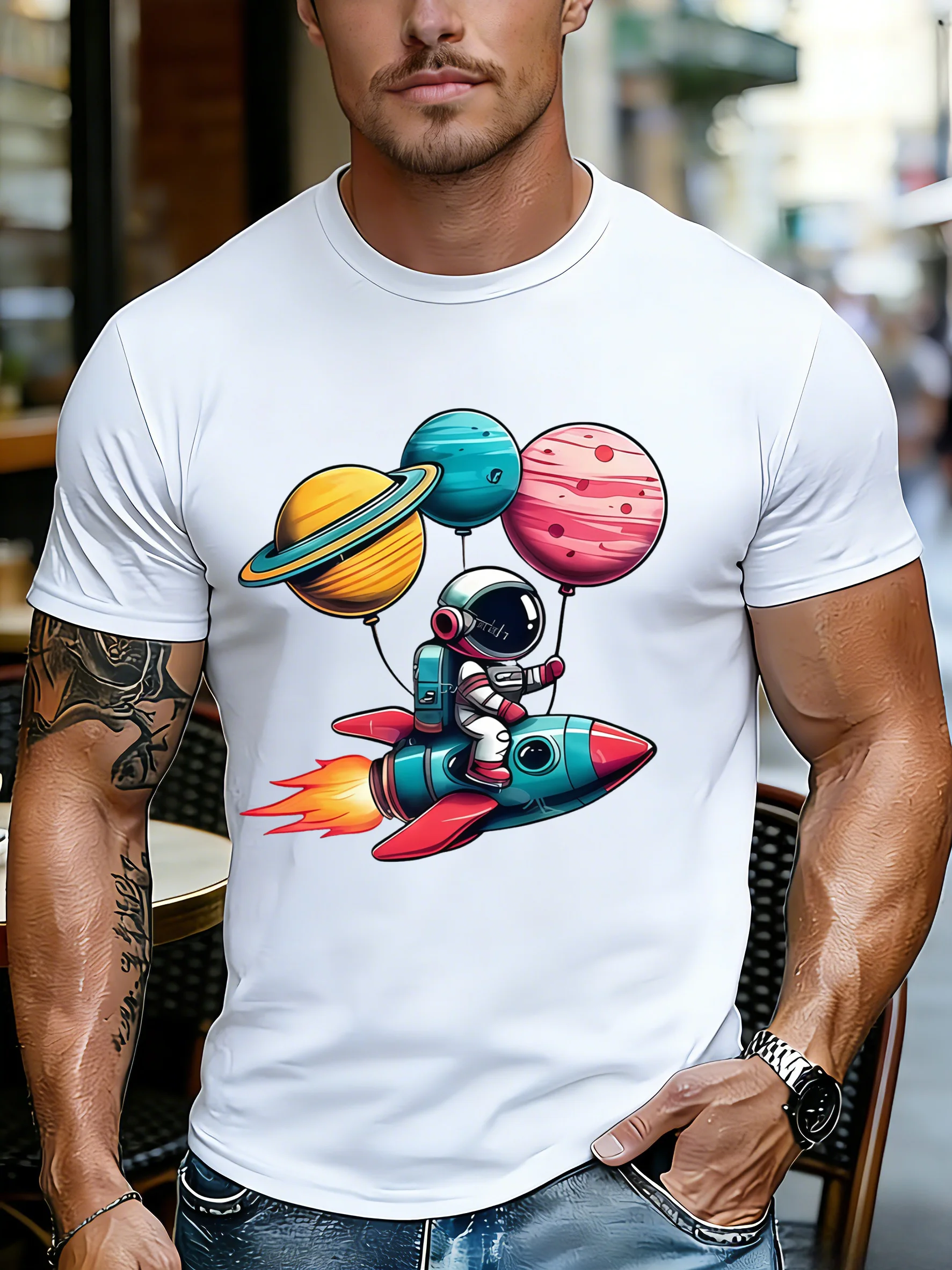 Men Astronaut Rocket Planet Balloon Graphic Cotton Crew Neck Short Sleeve Tee Male Street Daily Outdoor Casual Summer Gift Tops
