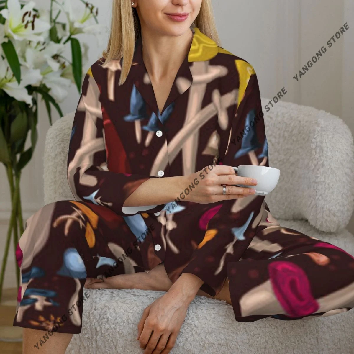 

Весенне-осенний пижамный комплект, женские брюки с длинными рукавами, комплект из двух предметов с фантастическими грибами, разноцветные грибы, комплект для домашнего интерьера