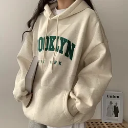 Hoodies com letras estampadas para mulheres, moletom quente com manga cheia, moda feminina, pulôveres de inverno, roupas soltas, bolso com capuz, novo, 2023