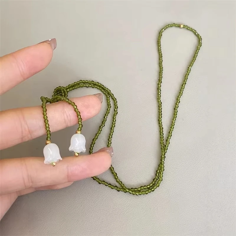 Olive Crystal Beads White Lily Of The Valley Double Layer Wrapped Necklaces For Women Various Wearing Methods Pendant Подвеска