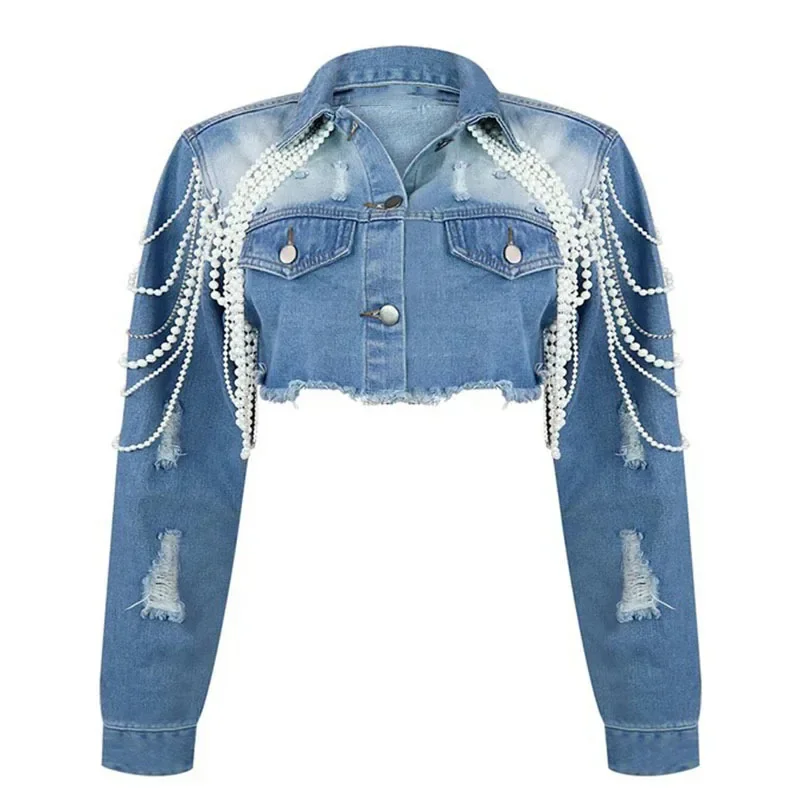 Autumn New Fashion Women's Pearl Chain Handmade Bead Denim Jacket Single-breasted Short Coat Female Trendy