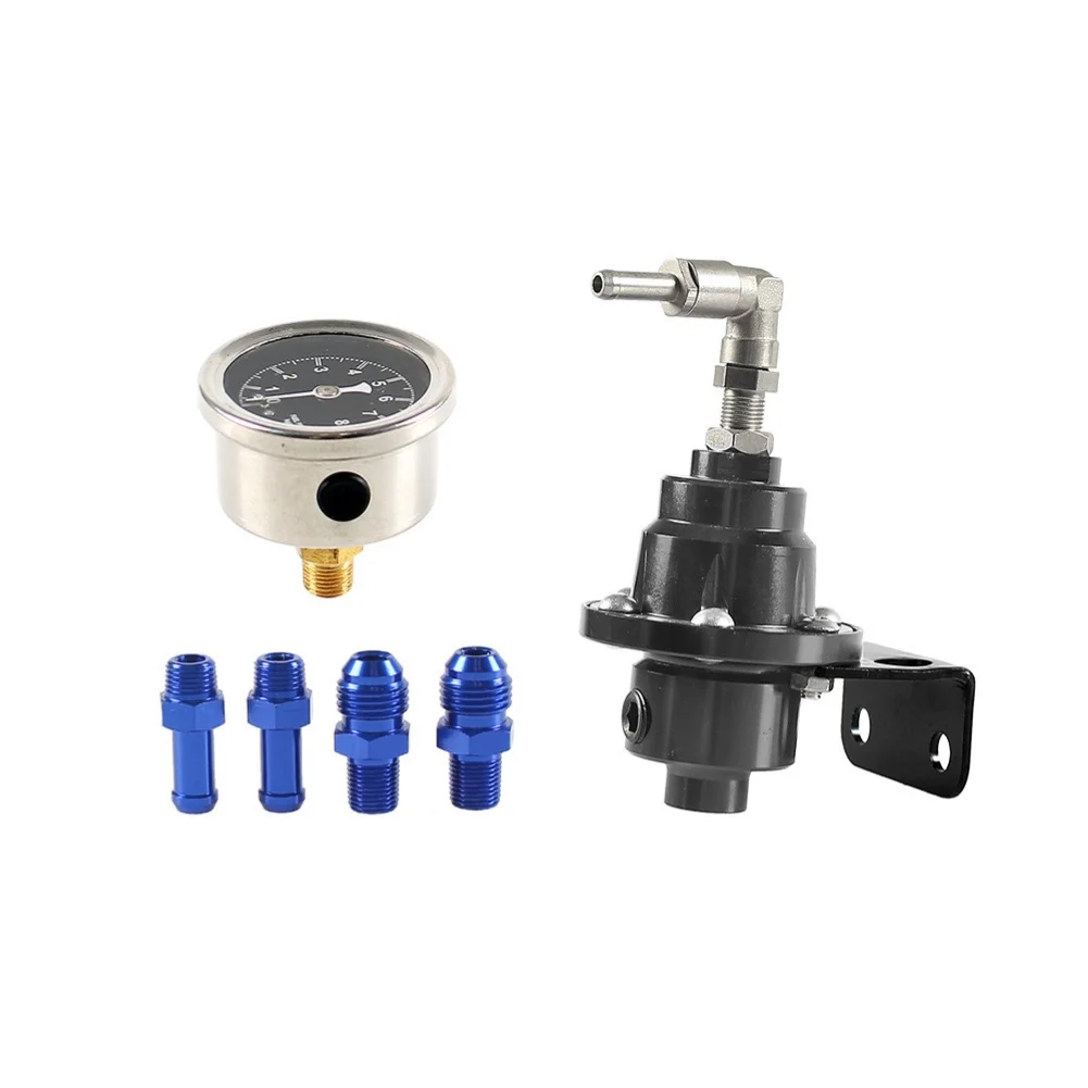Aftermarket Adjustable Fuel Pressure Regulator with Precision Oil-Filled Gauge and Four AN Fittings for Fuel System Tuning