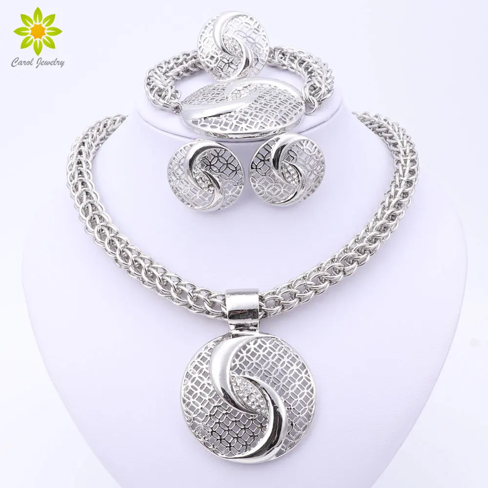 2024 Latest Luxury Big Dubai Silver Color Crystal Necklace Jewelry Sets Fashion Nigerian Wedding African Beads Costume Jewelry