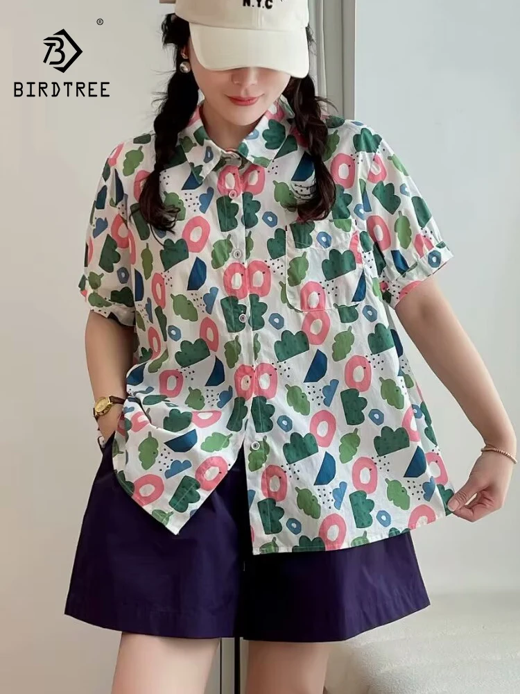 

New Spring Cotton Casual Floral Printed Shirts Women Lapel Loose Sweet Blouses Girl Short Sleeve Commute Tops 2024 Summ T45556QC