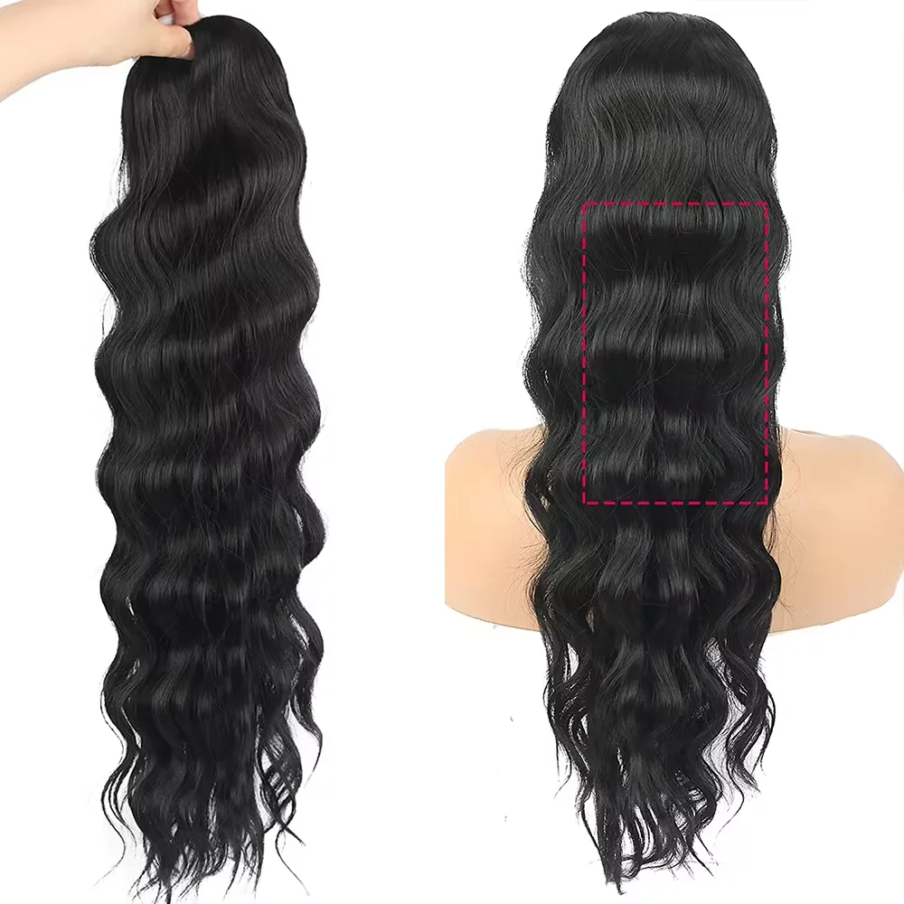 Long Body Wavy Drawstring Ponytail for Women Synthetic Hair Clip in Hairpiece Extension Black Fake Hair Natural Looking