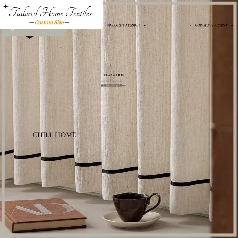 Curtains For Living Room Bedroom In Premium Black Edge Linen Voile With French Vintage Lace Stitching Semi Sheer Privacy Drapes